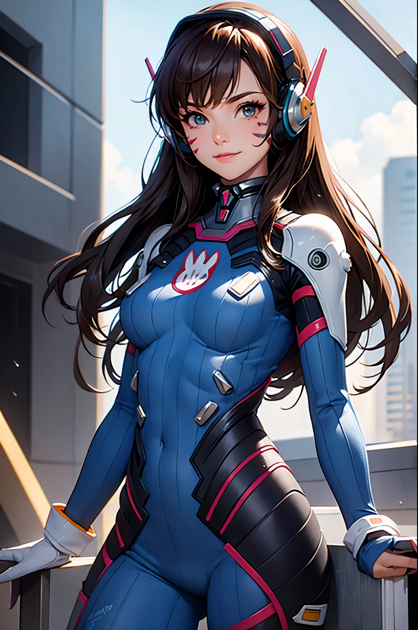 (masterpiece, best quality:1.2), expressive eyes, perfect face, highres, 1girl, solo, aahana, long hair, brown hair, headphones, whisker markings, shoulder pads, blue bodysuit, ribbed bodysuit, animal print, clothes writing, long sleeves, white gloves, smiling, standing, upper body, looking at the viewer