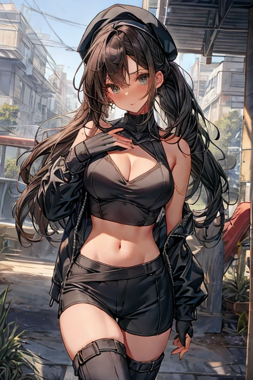 ubel,dark green hair,long hair,side ponytail,hair between eyes,bangs, BREAK (beret, black jacket, open clothes, cleavage, midriff, black shorts, black thighhighs, thigh strap, fingerless gloves, single glove:1.2), Photo,sharpness, F1.6 lens,hyper-realistic textures,spectacular light textures, Cinestil 800 Fashion Mechanics,(((Beautiful woman with left leg restrained and hung by chains))),Appearance,Beautiful girl with accentuated slender abs: 1.1,six-pack abs: 1.1, Bust Botox,Standing on tiptoe, long legs,Long brown hair fluttering in the wind,Brown hair, Long hair, Female Warrior Costume,(No panties,No bra),(tacticul battle fashion,elbow and knee tacticul battle fashion, battle glove: 1.1),((cute batre costume)),The belly comes out and the navel is visible,Thin sheer costume, combat gloves,shredded costumes,cyber long combat boots with golden knee pads,Anatomical,(futuristic sci-fi battle fashion, new elbow and knee cyberpads, new cyberlong boots, new cybergloves: 1.1),(tied perfectly by iron chain), Restraint, Slave, collars, contempt, (Chained), 4 chains hung from heaven, Metallic shackles and fetters, wet crotch clearly visible,((Hands are restrained above the head)), the neck is chained,Chain from left knee to heaven,Chained by rusty iron chains,((the tip is protruding, areolas protruding,The shape of the pubic area is clearly visible:1.2)),Sweating,Wet,Wet crotch,Wet thighs,Junkyard, Realistic, (cute, perfect clothes, skimpy clothes, cute: 1.3) ,Vast miritary base in us,((wide mirtary hospital with summer sunlight)), peeling ceilings, Rebar between, Realistic material details, Extreme details, Ultra-realistic materials,narrow waist,(with sparkling eyes and a contagious smile:0.9),looking at viewer, 