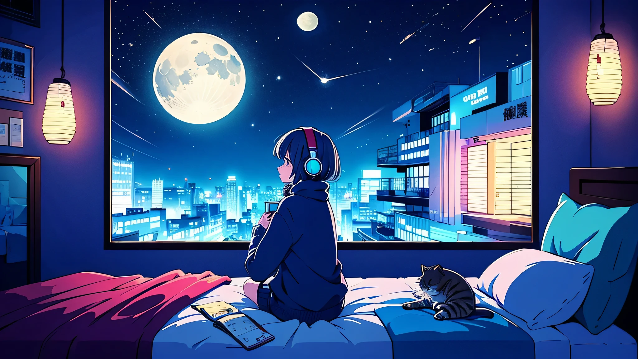 Detailed anime girls, Wearing a large sweater, Wearing headband headphones, praise, quiet, quiet atmosphere, cold, Looking out the window in the bedroom, night, quiet night, Cat, masterpiece, highest quality,shooting star, moon