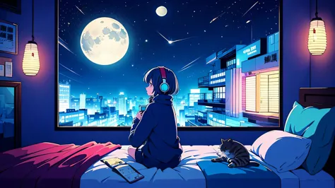 Detailed anime girls, Wearing a large sweater, Wearing headband headphones, praise, quiet, quiet atmosphere, cold, Looking out t...