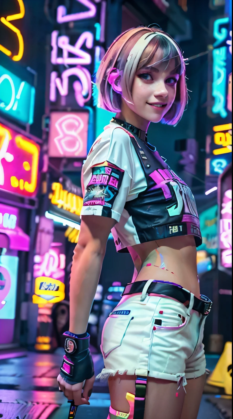 A colorful Bob cut haired punk girl, smooth white skin, innocent look, 15 years old, Ultra high res, uhd, (photorealistic:1.4), cyberpunk outfit, wink, smiling ear to ear, neon lighting, wearing short pants, colorful leather boots, full body shot, head to toe, fish eye lens, vogue pose, modelling, crouch