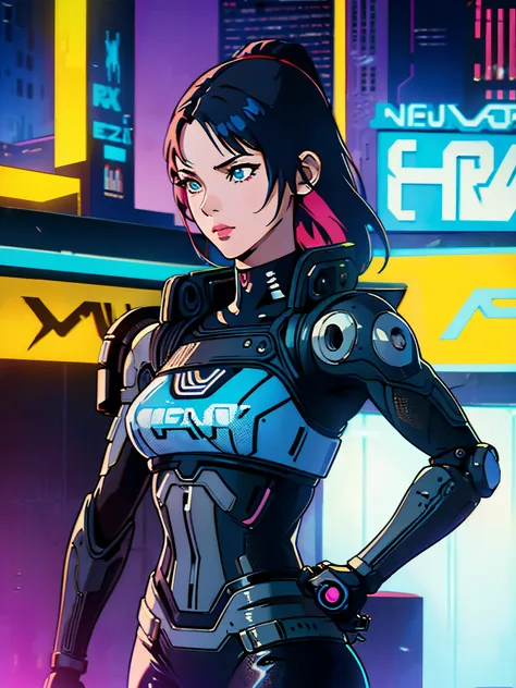 digital art drawing, illustration of (girl, metal robotic arms, cyberpunk 2077, neon), anime drawing/art, bold linework, illustr...