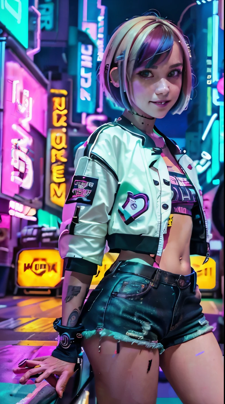 A colorful Bob cut haired punk girl, smooth white skin, innocent look, 15 years old, Ultra high res, uhd, (photorealistic:1.4), cyberpunk outfit, wink, smiling ear to ear, neon lighting, wearing short pants, colorful leather boots, full body shot, head to toe, fish eye lens, vogue pose, modelling, crouch