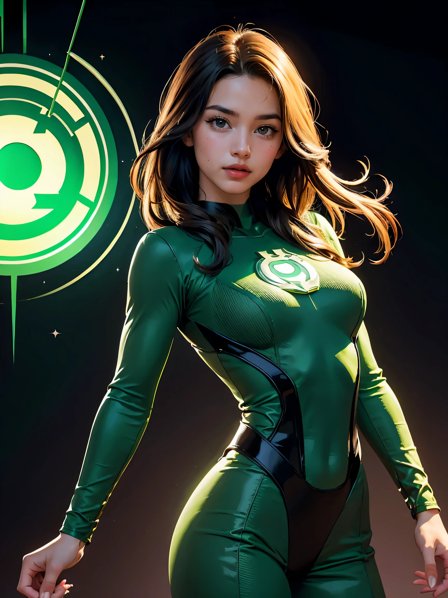 A beautiful woman in style,y Yellow Lantern (in English: Green Lantern) is a DC Comics superhero. Created by Martin Nodell and Bill Finger, the original Green Lantern was recast as a new superhero with the same name in the 1960s, the original character became known by the name his parents called Alan Scott and for a time adopted the identity from Sentinela (Brazil). The current Green Lantern, founding member of the Justice League of America. This time, she helped cement the new Green Lantern as a popular hero, with a more cosmic theme. lined lips, green bodysuit, covered navel, makeup, muscular, tight skin, All green uniform, muscular female, green bodysuit, yellow bodysuit, Looking at the Viewer, (medium breasts: 1.4), (hanging breasts: 1.3), (full breasts: 1.4), (realism: 1.5), (Realisitc: 1.4), (Absurdity: 1.4), 8k, ultra-detailed, Detailed beautiful woman, (Only one:1.4), 1girl, (Viewer facing:1.2), sexy,