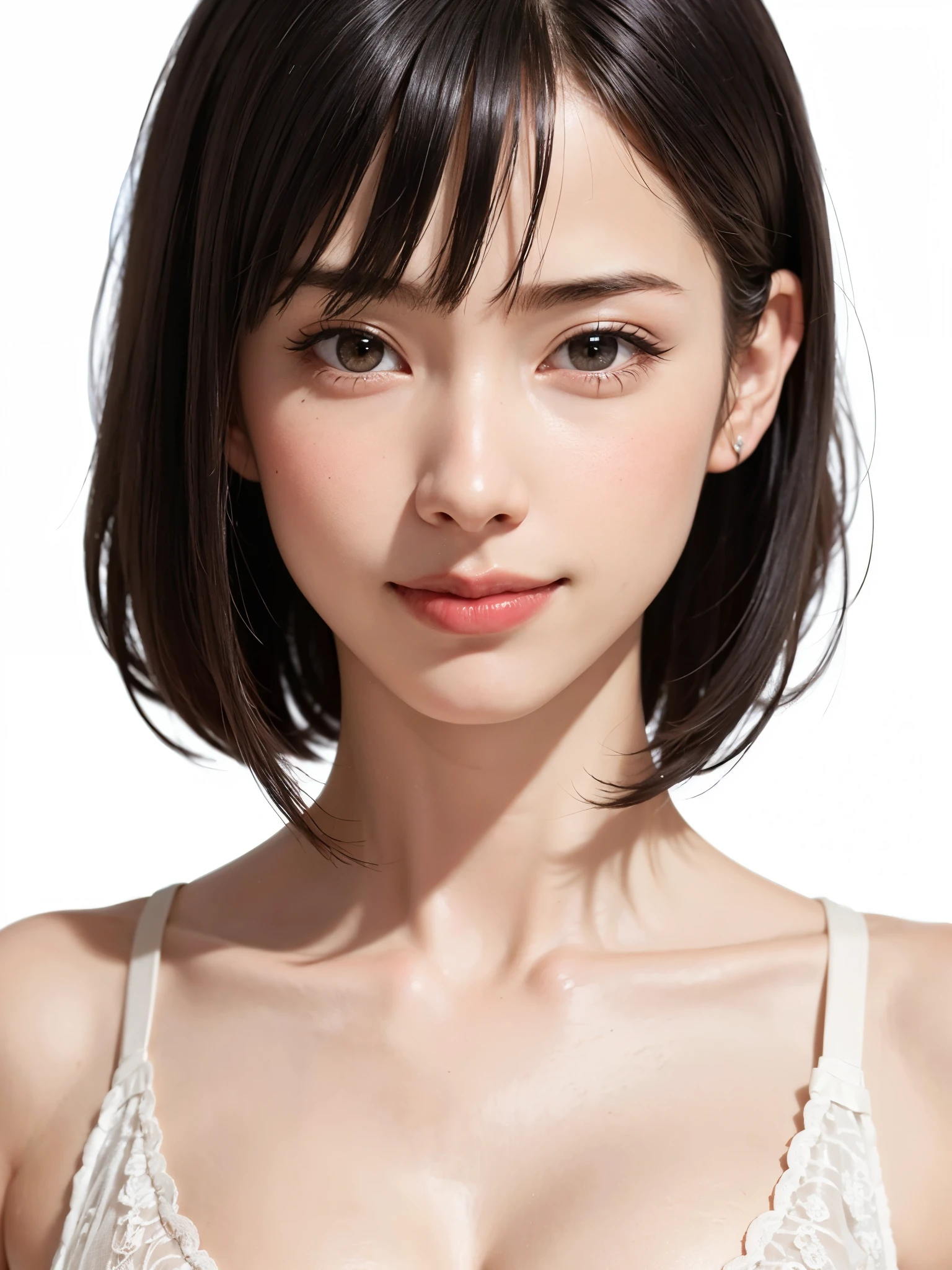 1 girl, alone, Shiny skin, chest, Very detailed, Super detailed, Ultra-high resolution, whole body, (フォトrealism:1.6、Put out your ears), (highest quality), (Best Shadow),realism:1.6 details, Perfect lighting, Black Hair, ((Showpiece, highest quality, High precision、Beautiful face in symmetry、Golden Ratio、Ultra-high resolution)), One Girl, (big chest, Realistic: 1.4), (look up at the camera even a little, カメラをlook up, look up, look up at the camera, Looking into the camera))), alone, , White Background, snow-White Background, shut up., smile, pretty Black Hair, short hair, Big eyes, Transparent double eyelids, eyelash, listen, Long neck, Long neck, Absolute area, ((Face close-up, short hair with bangs)), 19 years old, Attractive proportions, Shiny skin, Beautiful clavicle, Golden Ratioの顔, Perfect Face, Teardrop-shaped mole, chestのほくろ, bangs, clean bangs, beautiful bangs, Lip gloss, Thin lips, White skin, I took off my clothes, big chest, Small face, Small face, 少し上を向いてLooking into the camera, ((smile a little for the camera, really nothing pure White Background, very big big chest, big chest))