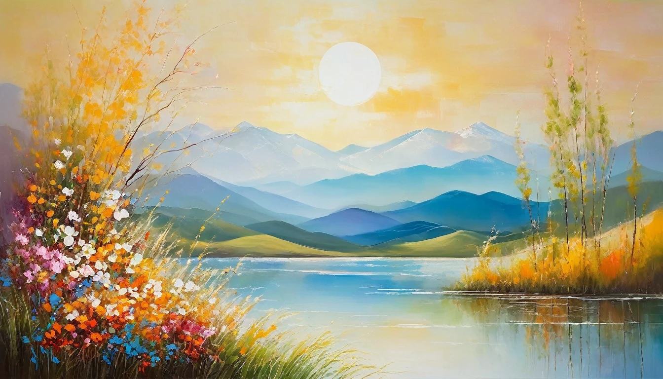 (Masterpiece of Simplicity: 1.1), Bohemian style painting, Delicate brushstrokes on aSmall Canvas, Bringing tranquility with Tranquil scenery, Flowers in soft colors blooming, Warm sunshine illuminating the scene, Dreamy atmosphere engulfs, Distant Mountains gently forming a backdrop, calming Tranquil lake reflecting the scene, Subtle pattern and gentle curves as key elements, Organic shapes adding to the natural texture, Smooth lines forming harmonious composition.
