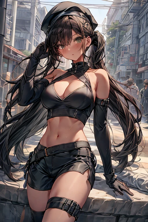 ubel,dark green hair,long hair,side ponytail,hair between eyes,bangs, BREAK (beret, black jacket, open clothes, cleavage, midriff, black shorts, black thighhighs, thigh strap, fingerless gloves, single glove:1.2), Photo,sharpness, F1.6 lens,hyper-realistic textures,spectacular light textures, Cinestil 800 Fashion Mechanics,(((Beautiful woman with left leg restrained and hung by chains))),Appearance,Beautiful girl with accentuated slender abs: 1.1,six-pack abs: 1.1, Bust Botox,Standing on tiptoe, long legs,Long brown hair fluttering in the wind,Brown hair, Long hair, Female Warrior Costume,(No panties,No bra),(tacticul battle fashion,elbow and knee tacticul battle fashion, battle glove: 1.1),((cute batre costume)),The belly comes out and the navel is visible,Thin sheer costume, combat gloves,shredded costumes,cyber long combat boots with golden knee pads,Anatomical,(futuristic sci-fi battle fashion, new elbow and knee cyberpads, new cyberlong boots, new cybergloves: 1.1),(tied perfectly by iron chain), Restraint, Slave, collars, contempt, (Chained), 4 chains hung from heaven, Metallic shackles and fetters, wet crotch clearly visible,((Hands are restrained above the head)), the neck is chained,Chain from left knee to heaven,Chained by rusty iron chains,((the tip is protruding, areolas protruding,The shape of the pubic area is clearly visible:1.2)),Sweating,Wet,Wet crotch,Wet thighs,Junkyard, Realistic, (cute, perfect clothes, skimpy clothes, cute: 1.3) ,Vast miritary base in us,((wide mirtary hospital with summer sunlight)), peeling ceilings, Rebar between, Realistic material details, Extreme details, Ultra-realistic materials,narrow waist,(with sparkling eyes and a contagious smile:0.9),looking at viewer, 