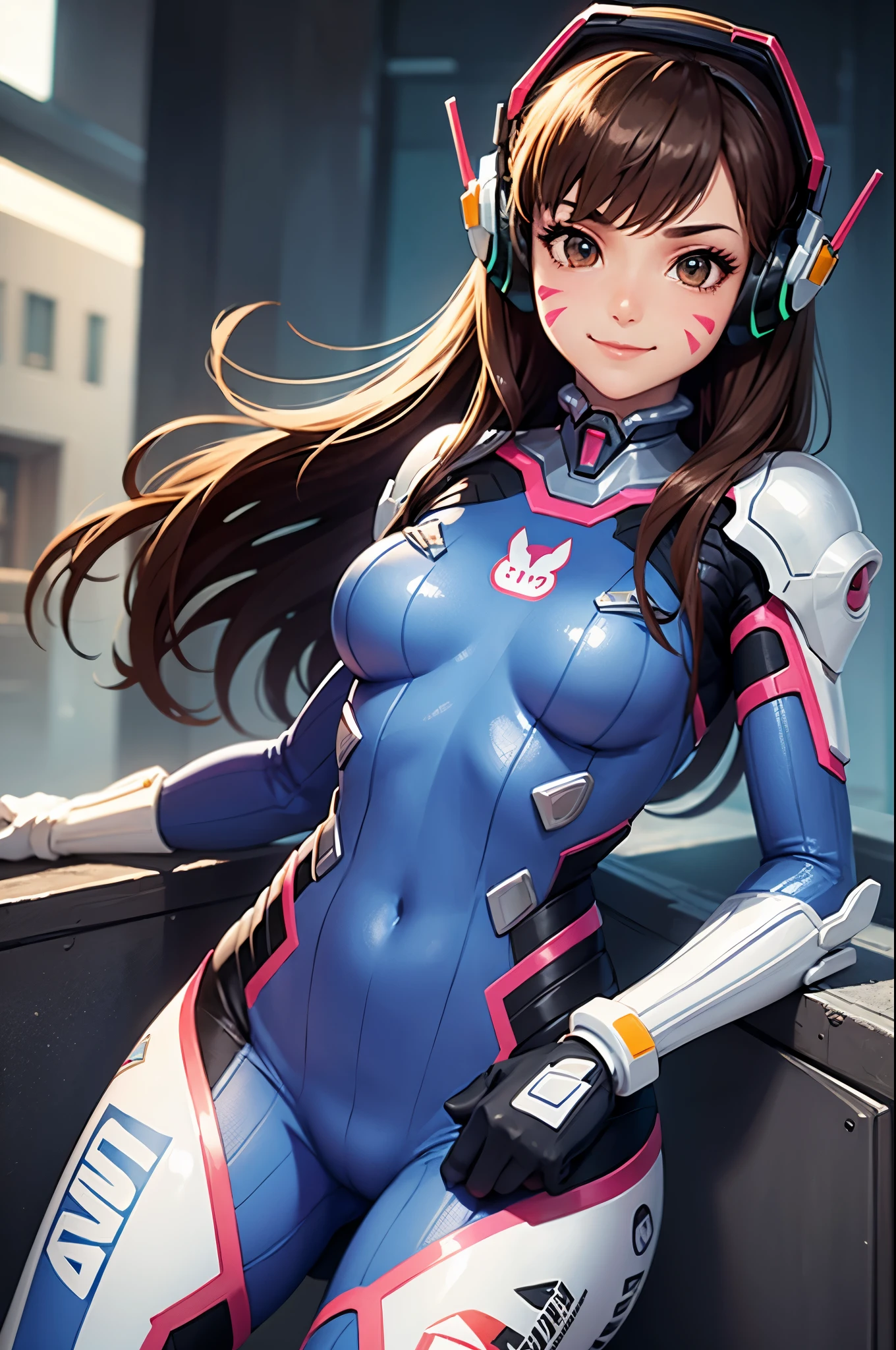 (masterpiece, best quality:1.2), expressive eyes, perfect face, highres, 1girl, solo, aahana, long hair, brown hair, headphones, whisker markings, shoulder pads, blue bodysuit, ribbed bodysuit, animal print, clothes writing, long sleeves, white gloves, smiling, standing, cowboy shot, looking at the viewer