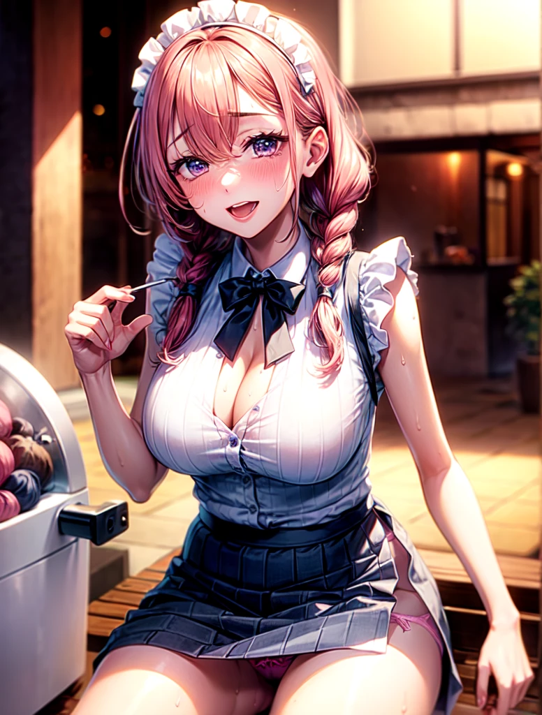 ((highest quality)), ((masterpiece)), ((Perfect Face))、((1girl))、((the skirt is rolled up))、((Panty shot))、((Revealing underwear))、Hearts in eyes、Pink Hair、Braid、orgasm、Flushed face、Sweaty all over、Ahegao、Maid clothes