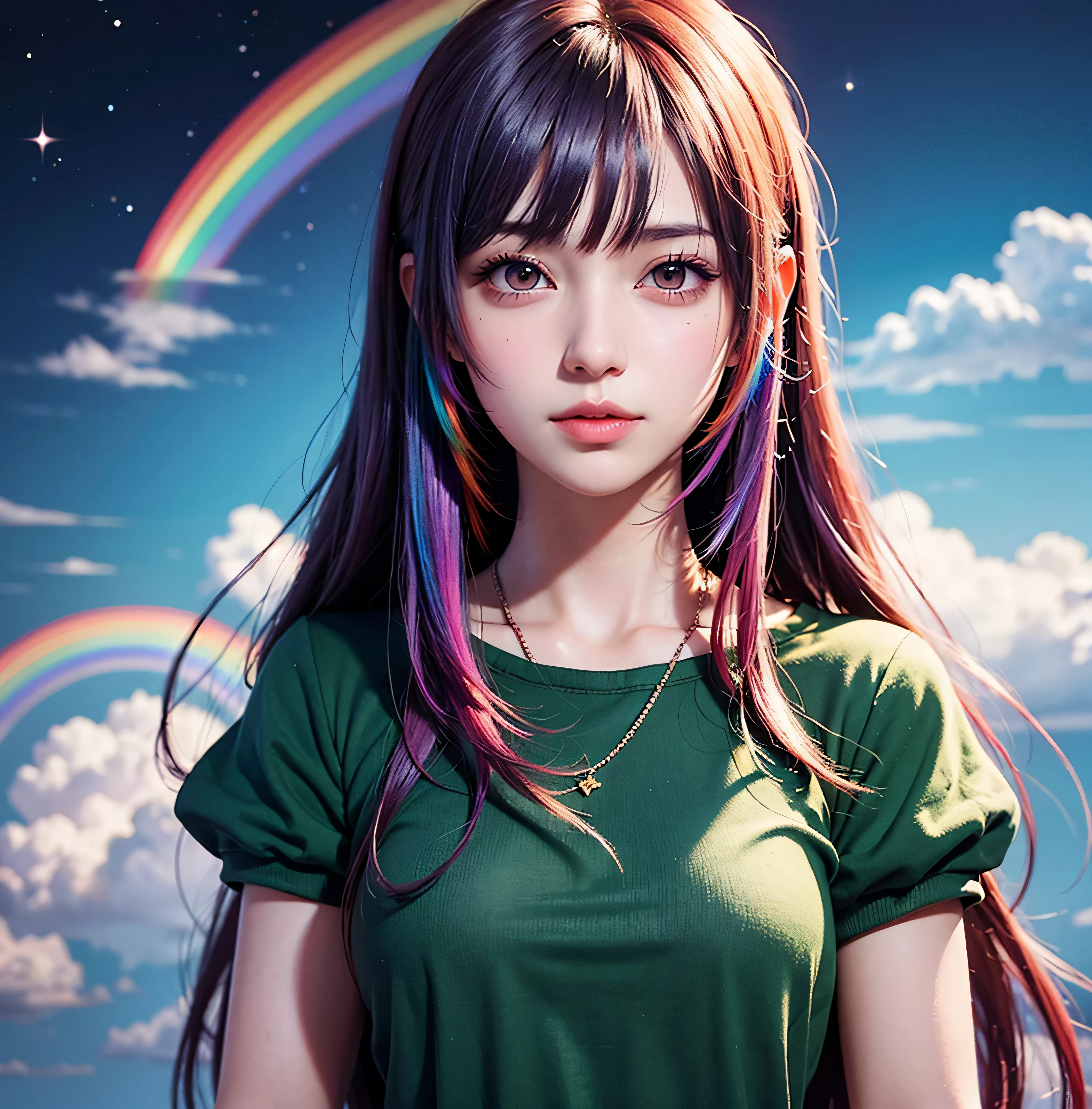(Anime Frau + lange Haare + Porträt), (Haare färben + Regenbogen: 1.5 + Kosmisches Haar: 1.2), (Schönheit + Fantasie + Anime-Stil), (8k Hintergrundbild: 1.2 + 4K Hintergrundbild: 1.1), (Anime-Illustration + Kunst Stil + Kunst Kunstwerk)