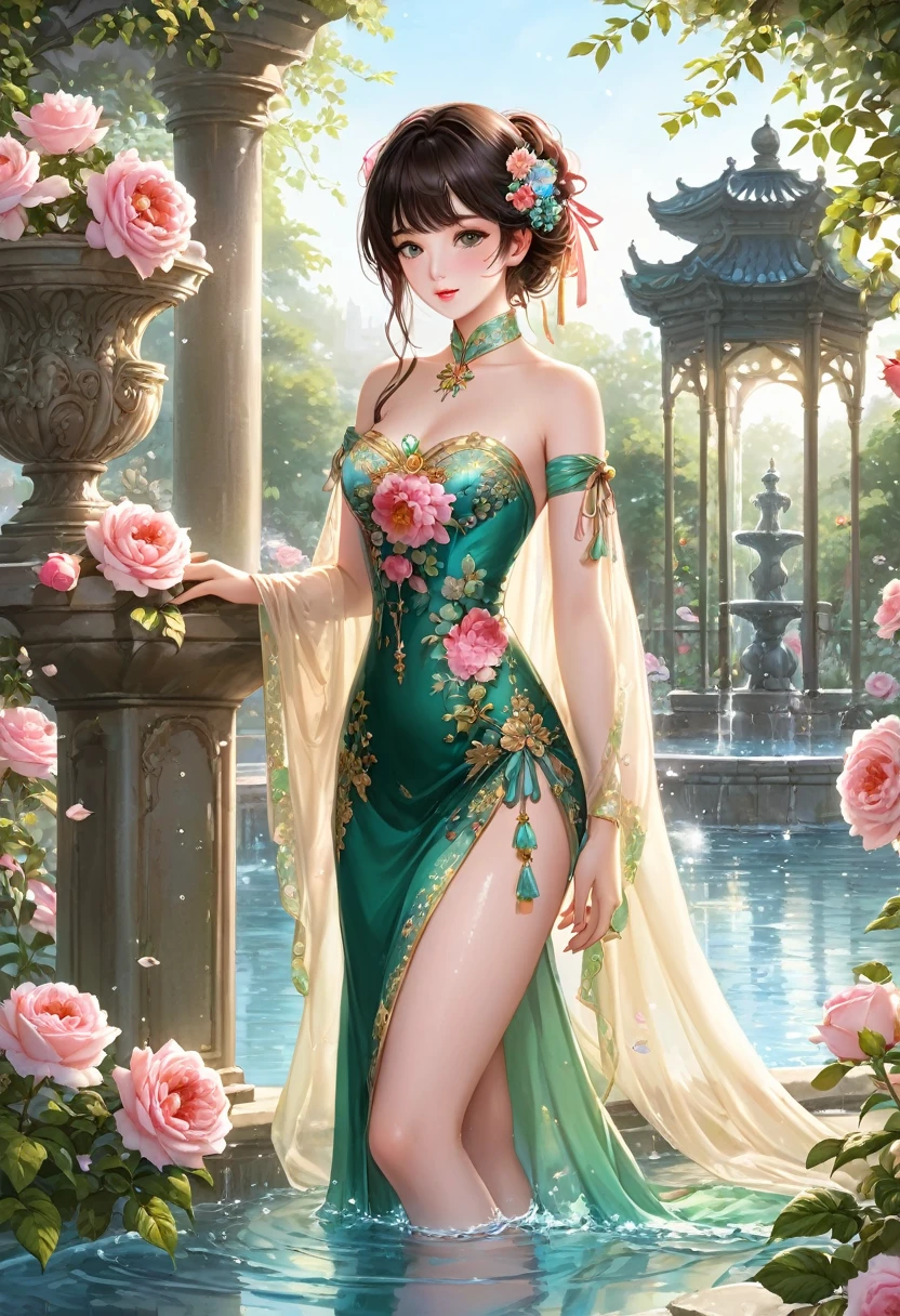 stockings。(Depicting detailed eyes、Detailed mouth、very detailed face、Long beautiful eyelashes)、This is a twill garden.。English roses are in bloom。There is an old fountain nearby.、The water splashes are spreading。Strong light blooms々illuminate、It has a fantastic glow。The screen is high resolution、Vivid colors and detailed drawings、It feels real.。As a tag、(beautiful flower々, Detailed leaves、Densely woven fabric, Elegant Light, High Quality Rendering)Please include。