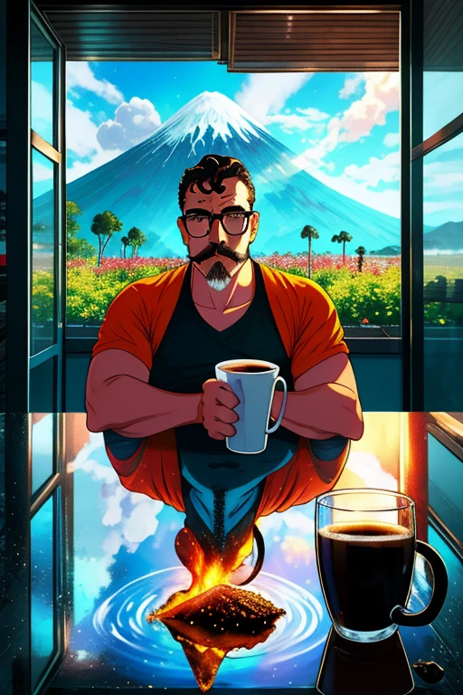 retrato realista de um homem de oculos barba e bigode, rosto definido e detalhado, with a cup of coffee in your hands. Ele esta sentado em uma cafeteria charmosa. Through the window you can see a volcano erupting with lava and fire. Cena fantasiosa e realista. Detalhada e sensacionalista. 8k. Ultra HD