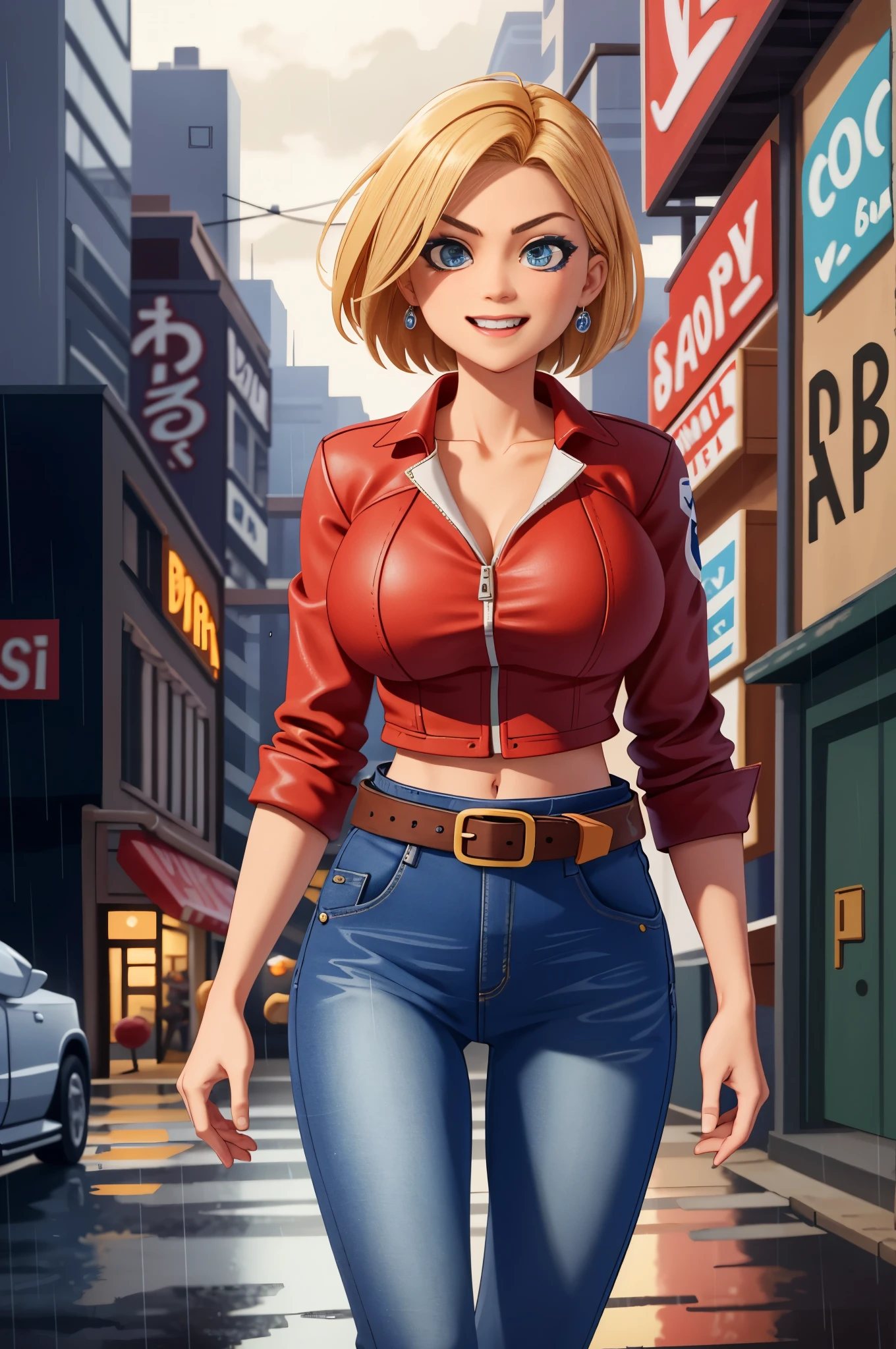 maryms, Best Quality,(beauty), 1girl,phisically-based render ,ultra highres,(cowboy shot:1.5),narrow waist, skinny, LeonaMS , big blue eyes,long legs,jeans,leather belt,big breasts,puffy eyes, leather belt,(rainy city), shiny skin, facing viewer, excited to fight