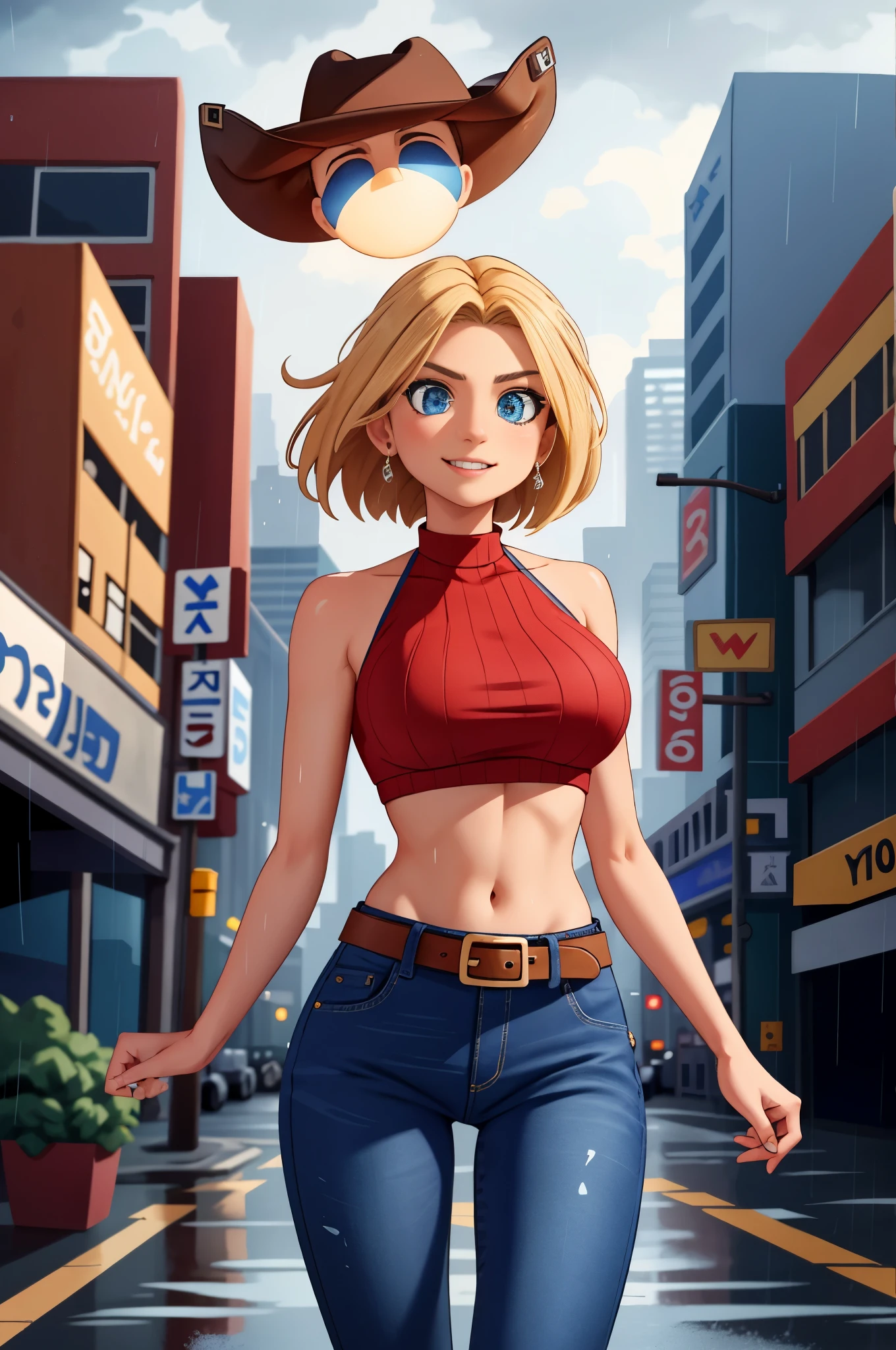 maryms, Best Quality,(beauty), 1girl,phisically-based render ,ultra highres,(cowboy shot:1.5),narrow waist, skinny, LeonaMS , big blue eyes,long legs,jeans,leather belt,big breasts,puffy eyes, leather belt,(rainy city), shiny skin, facing viewer, excited to fight