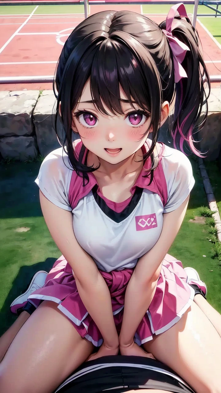 masterpiece, Super exquisite illustrations, best quality, light particles, Super detailed, 8k wallpaper, (Vibrant colors:1.2), (girl), look back,smile shyly,blush, smile shyly, Gaze affectionately,Medium breasts, Black Hair, messy hair, Medium Length Hair, ponytail, pink ribbon, shiny hair, Glowing skin, cute face, (pink tennis uniform), Bottomless, nipple, (Beautiful pink eyes, shining eyes), , blush cheeks, open mouth, (man:1.4), (man standing behind girl), (Intense sex:1.2), (Doggy Style:1.4), Standing puppy, heteromorphosis, (man hold girl's waist:1.4), (View,male perspective、Watch from above:1.4),(), national foundation, outdoor, tennis court, Sunlight, shadow,