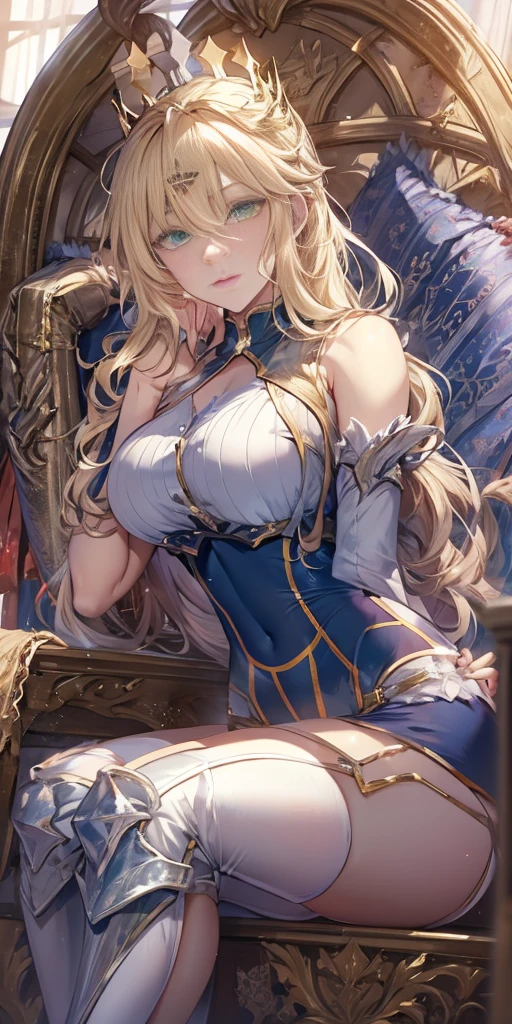 Lancer Artoria, elegant adult  female, blonde, green eyes, (yellow eyelashes), crown, turtleneck, cleavage cutout, sleeveless, blue leotard, elbow gloves, gauntlets, blue thigh, elegantly (sit on throne), throne room, close-up protrait, high resolution, extremely detail 8k cg