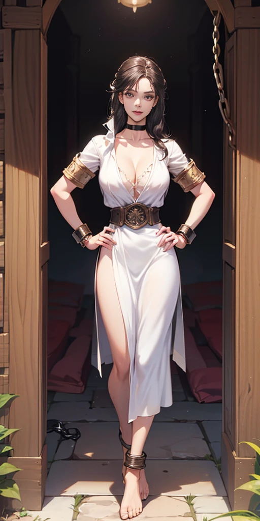 full body, barefoot, solo, female, big breast ,linen tunic, fantasy village, armor, Handcuffs on their hands, With a collar around the neck, hands on hips, slave, ((black choker, shackles on legs and arms))