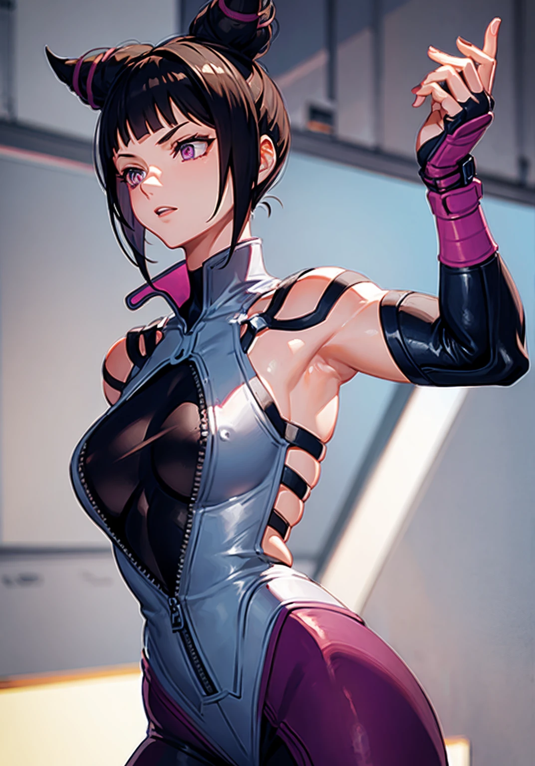 JurimS, Juri Han, SFV, cornes de cheveux,  (masterpiece, meilleure qualité:1.4), (debout:1.1), m(1fille), seulement, contexte détaillé, profondeur de champ, volumeric lighting, mise au point nette, bonne anatomie, (m), 16k hdr,