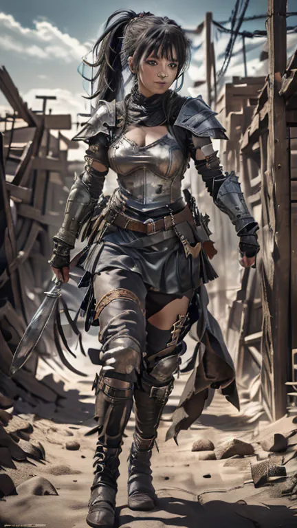 (((masterpiece))), (((high resolution))), (((high quality))), full body image, girl, black hair, ponytail, armor, clogs