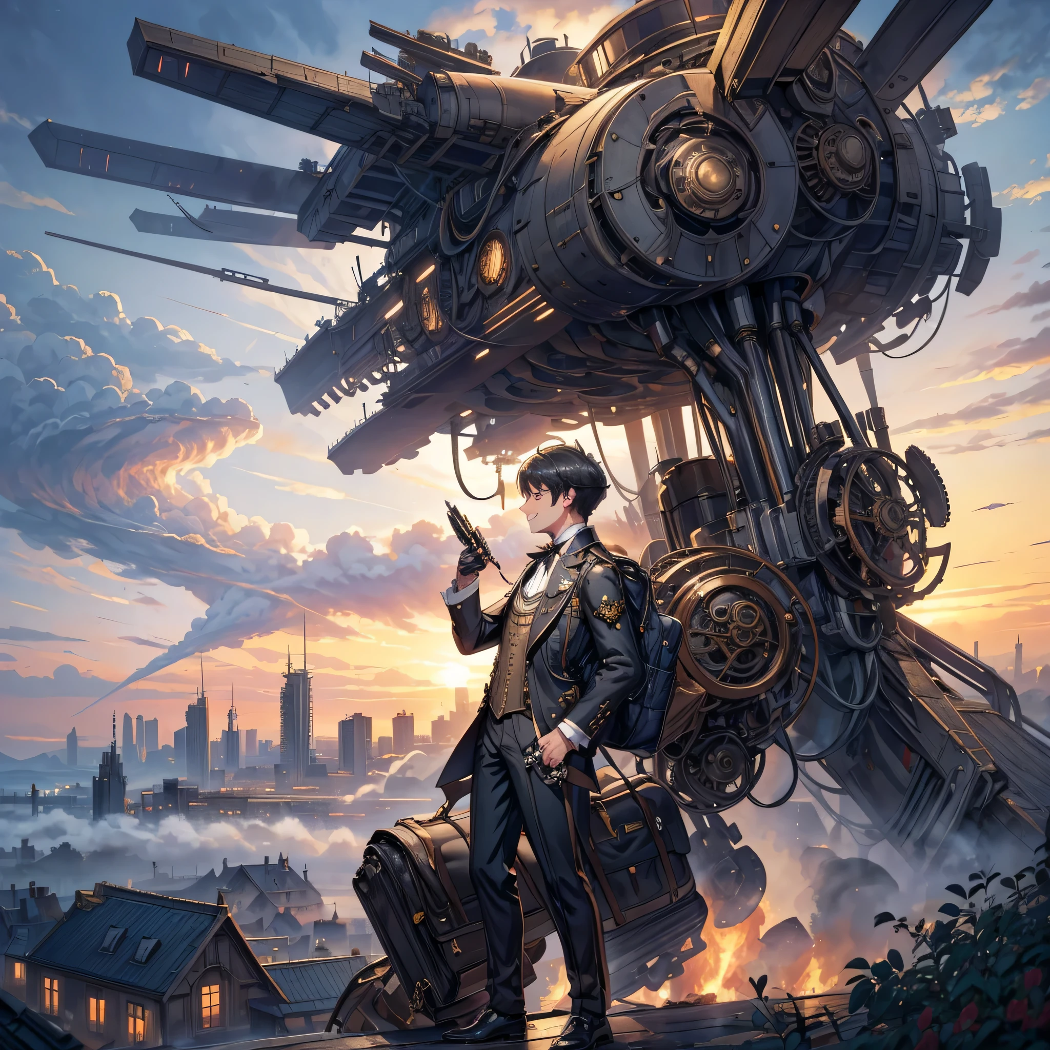 perfect anatomy, masterpiece:1.4, highres, 16k, (detailed mechanical:1.4 city, filled with steam:1.3) (in the steampunk:1.5 city), ((the background biggest Mechanical airship)), break, (traveller style)
(from-side profile, wide-angle:1.3) (solo:1.3 silver short hair detailed boy), ((16 yo)), (detailed red eyes, smile), break, (in a butler uniform), (have a big Travel bag).