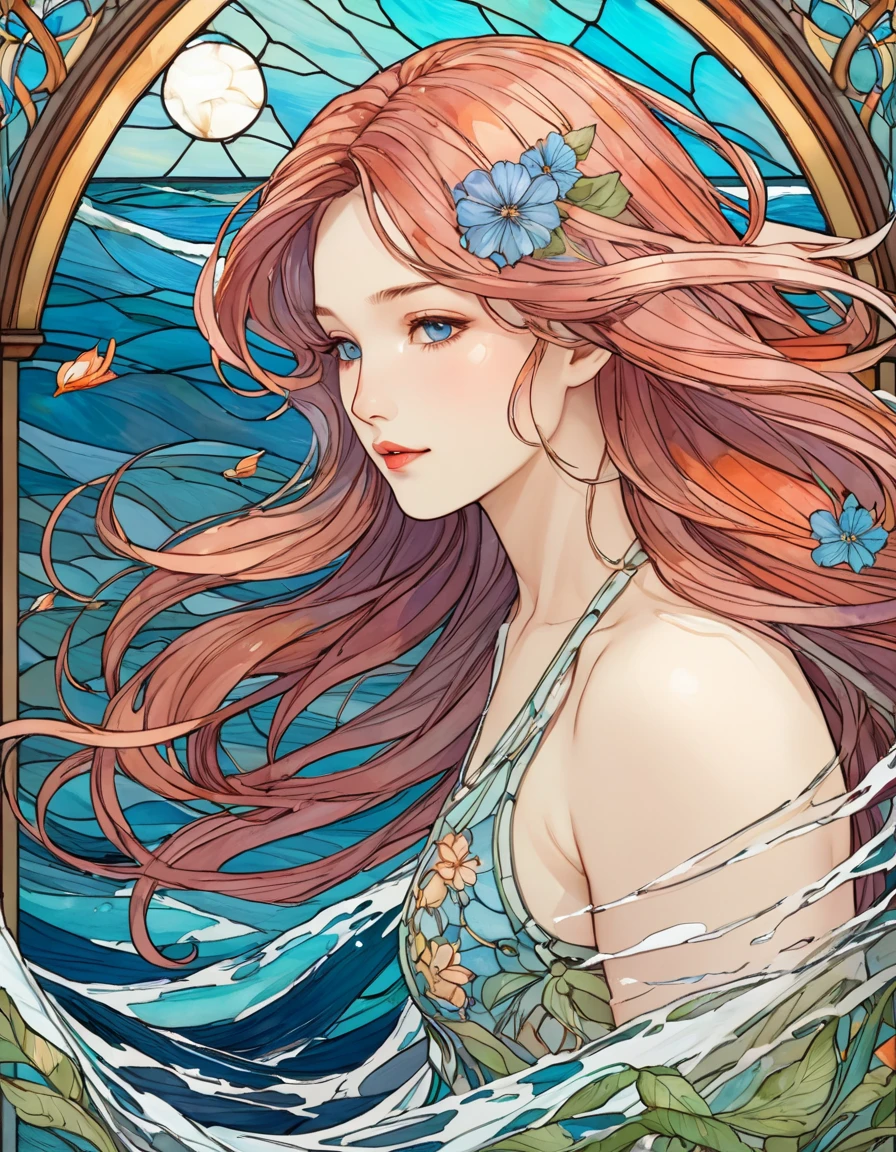 Playing with the tides,shook, Split Color Hair, Wind, 舞い散るflowerびら, Stained Glass AI, decorative, Complex details, Dukhkova, 2D, Line art, watercolor, ink watercolor, Random color hair, Super long hair, Wavy, One girl,old,flower, old, detailed, Complex, Perfect lighting, Perfect Shading, (Flat Color:1), (2D:1), (masterpiece, Awards, highest quality:1.25), (mature adult:1.3)