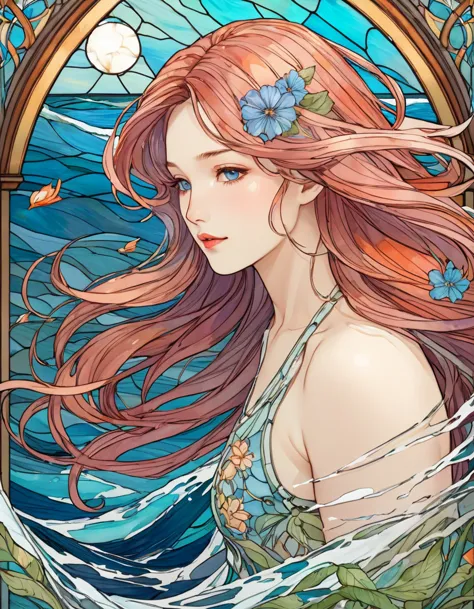 Playing with the tides,shook, Split Color Hair, Wind, 舞い散るflowerびら, Stained Glass AI, decorative, Complex details, Dukhkova, 2D,...