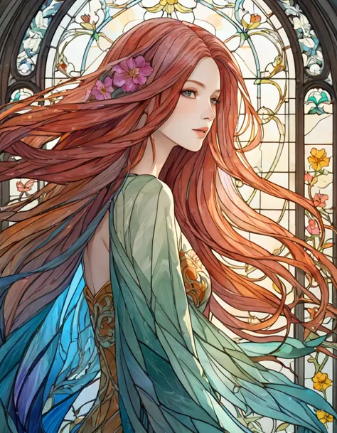 Playing with the tides,shook, Split Color Hair, Wind, 舞い散るflowerびら, Stained Glass AI, decorative, Complex details, Dukhkova, 2D,...