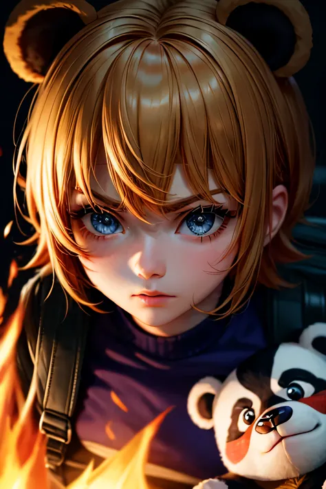 black eyes, annie, blonde hair, anger, blue leather backpack, short hair,long bangs, fire, panda stuffed animal, tibbers, purple...