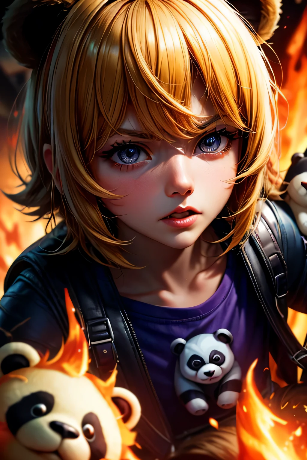 Black eyes, Annie, Blonde Hair, anger, Blue Leather Backpack, short hair,Long Bangs, fire, Panda Stuffed Animal, Tibbers, Purple Shirt, inflammation, Throw, close, Shine､masterpiece, 最high quality, high quality, High resolution, (Face close-up)､
