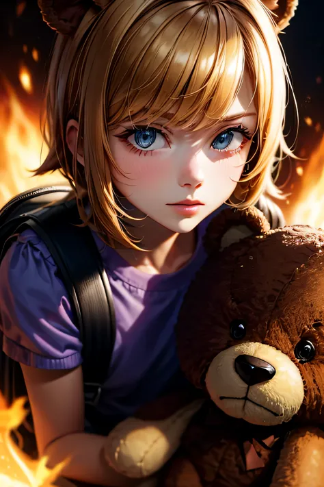 black eyes, annie, blonde hair, anger, blue leather backpack, short hair,long bangs, fire, teddy bear, tibbers, purple shirt, in...