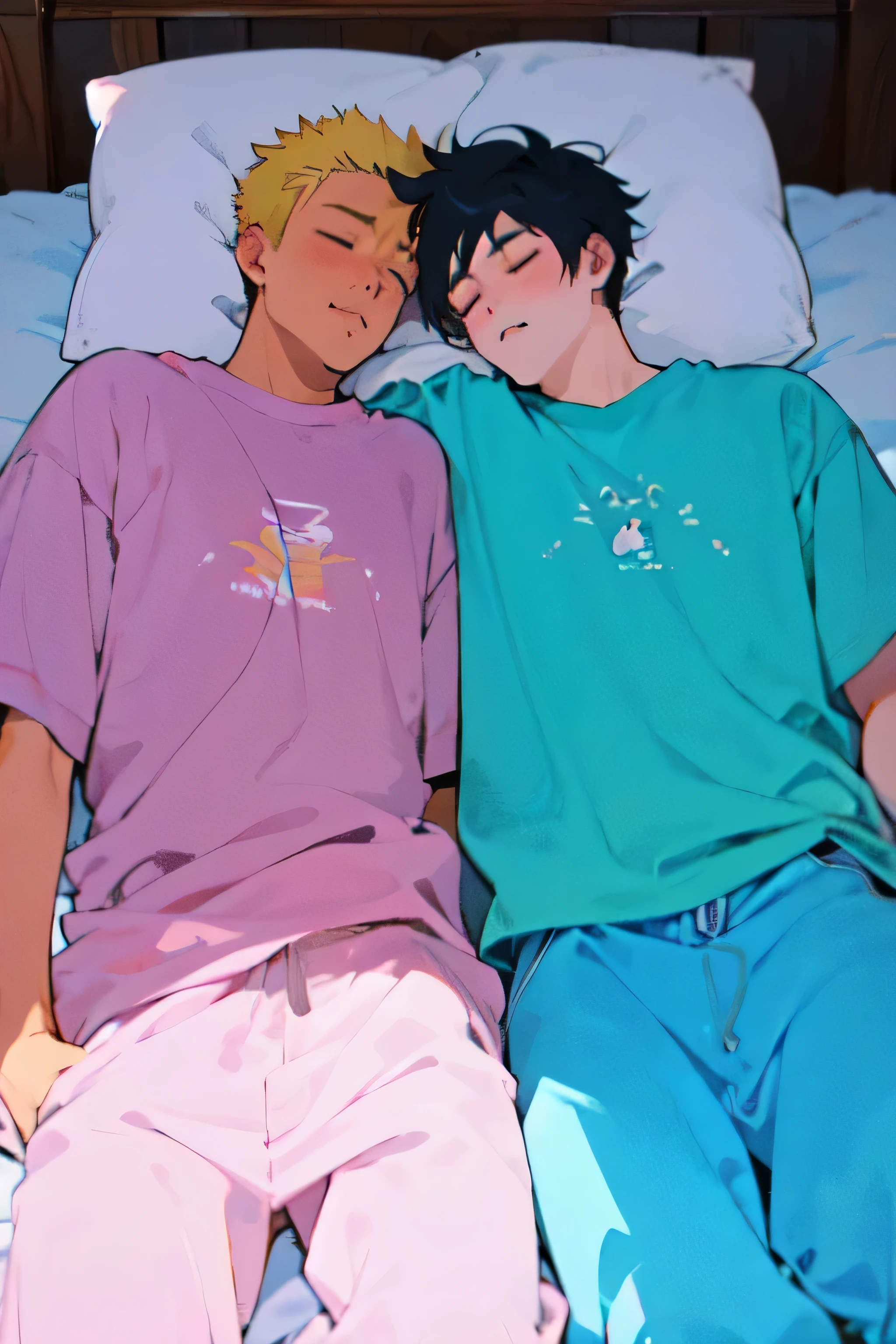 two gay men sleeping in bed, 2000's anime style, vibrant colors

