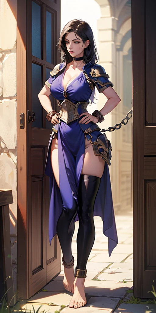 full body, barefoot, solo, female, big breast ,linen tunic, fantasy village, armor, Handcuffs on their hands, With a collar around the neck, hands on hips, slave, ((black choker, shackles on legs and arms))