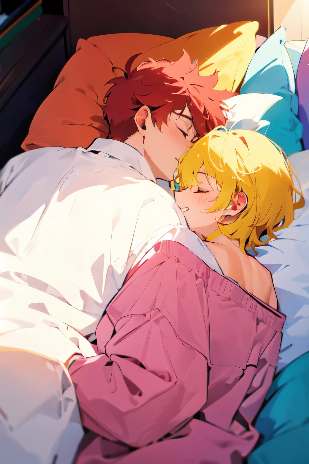 two gay men sleeping in bed, 2000's anime style, vibrant colors
