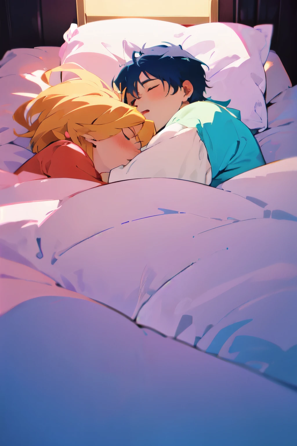 two gay men sleeping in bed, 2000's anime style, vibrant colors
