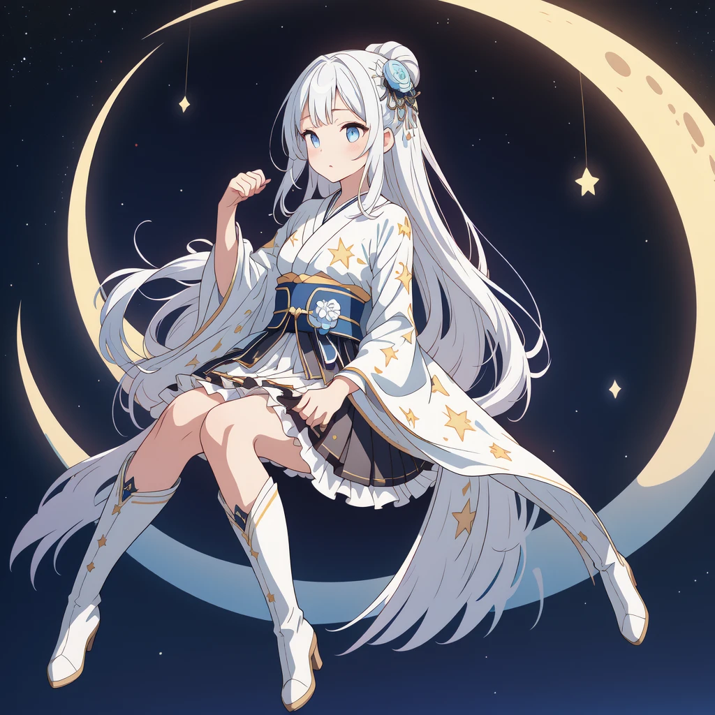 Star Fairy、(masterpiece, best quality), 1girl, sitting on the crescent moon、「A beautifully printed galaxy patterned kimono and gothic lolita outfit.、Space pattern box pleated mini skirt with ruffles、Front view portrait、Knee-high boots、Captivating eyes、Perfect and stunning face、Exquisite details、Clear images、highest quality。」Milky white and light blue gradient long straight hair、