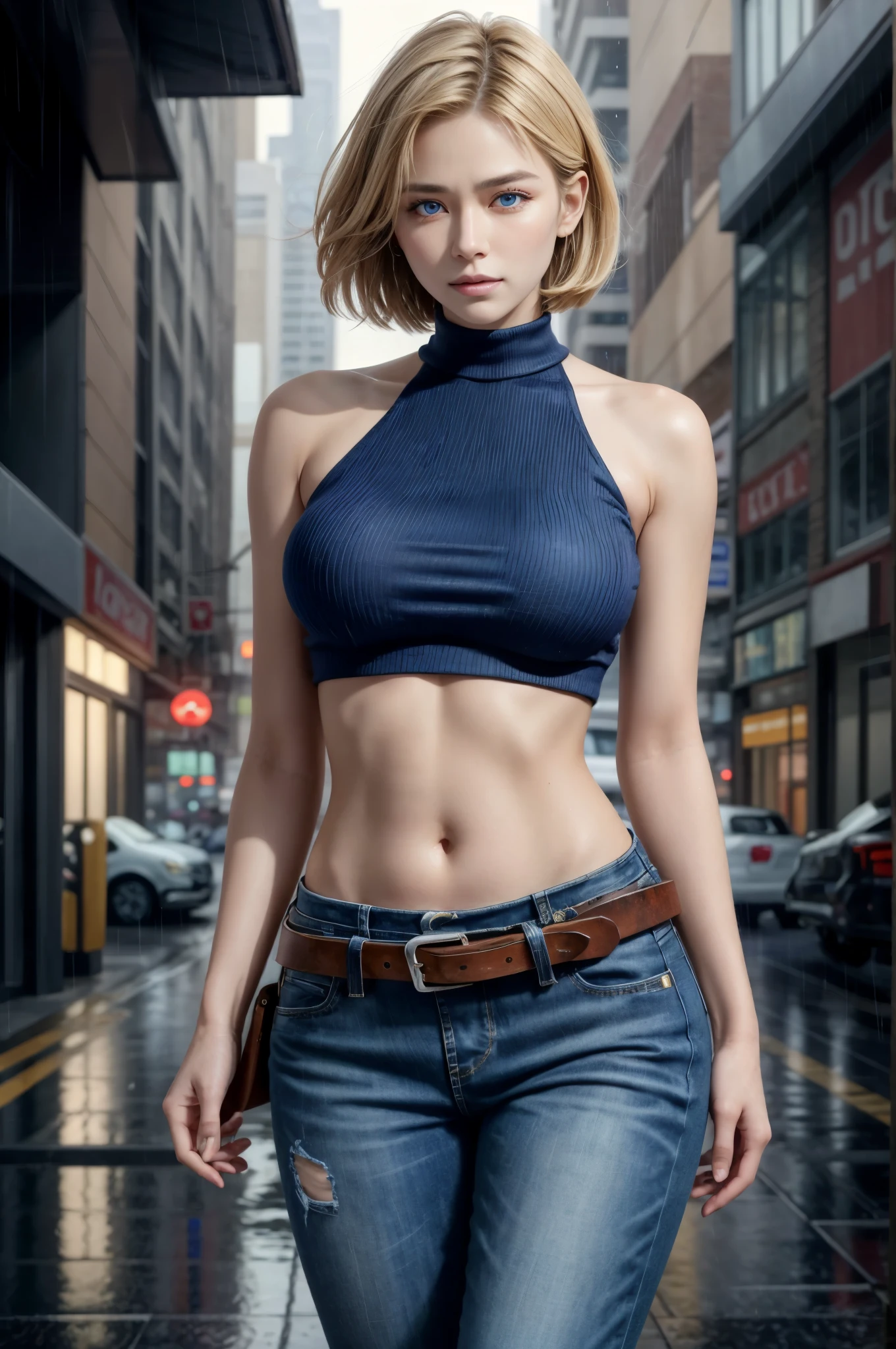maryms, Best Quality,(beauty), 1girl,phisically-based render ,ultra highres,(cowboy shot:1.5),narrow waist, skinny, LeonaMS , big blue eyes,long legs,jeans,leather belt,big breasts,puffy eyes, leather belt,(rainy city), shiny skin, facing viewer, excited to fight