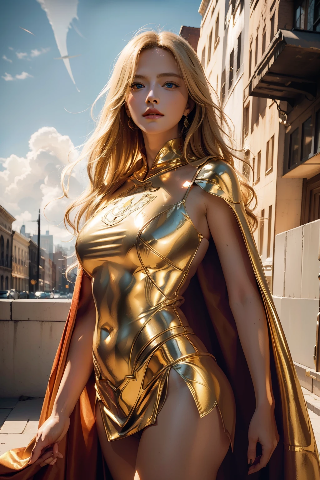 Delicate face，Long blond hair with a golden shawl，Big blue eyes， cloud background，Art Deco, concept art, , Realism, Cubism, Awards, Super Detail, Ultra HD, retina, anatomically correct, High Detail, best quality, high resolution, high quality, textured skin, masterpiece, 4K