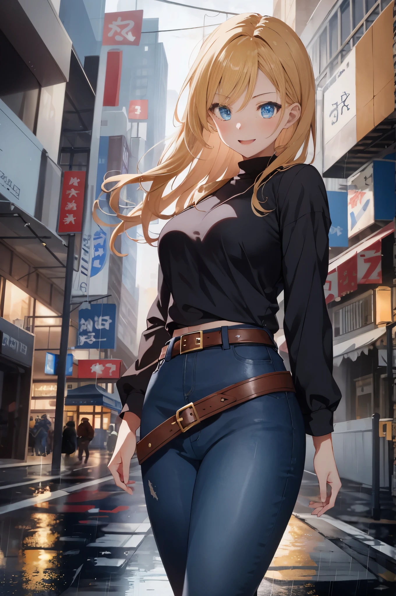 maryms, Best Quality,(beauty), 1girl,phisically-based render ,ultra highres,(cowboy shot:1.5),narrow waist, skinny, LeonaMS , big blue eyes,long legs,jeans,leather belt,big breasts,puffy eyes, leather belt,(rainy city), shiny skin, facing viewer, excited to fight