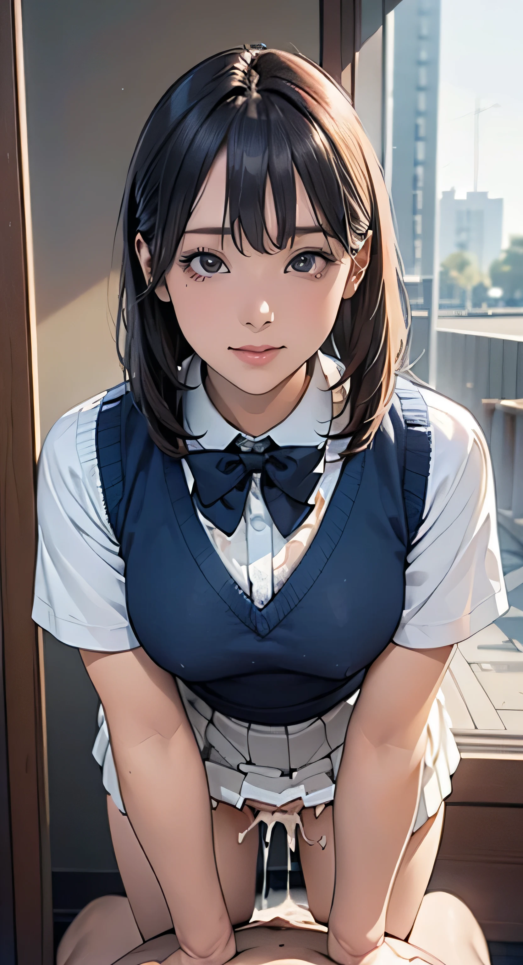 (masterpiece:1.2, highest quality), (realistic, photorealistic:1.4), beautiful illustrations, (natural side lighting, movie lighting),
looking at the viewer, Front view, 1 girl, English, high school girl, 15 years old, perfect face, Cute symmetrical face, shiny skin, asymmetrical bangs, Big eyes, droopy eyes, long eyelashes chest), thin, 
beautiful hair, beautiful face, fine and beautiful eyes, beautiful clavicle, beautiful body, beautiful breasts, beautiful thighs, beautiful feet, beautiful fingers, (vaginal sex:1.5), 
((fine fabric texture, Brown knitted vest, short sleeve white collar shirt, navy pleated skirt, Navy bow tie)), (cum in pussy:1.5), sex, erotic, (pale white skin:0.8), cum in pussy, hetero, mole, mole under eye, (Inside the flower shop), Are standing, (smile, Upper grade, open your mouth)