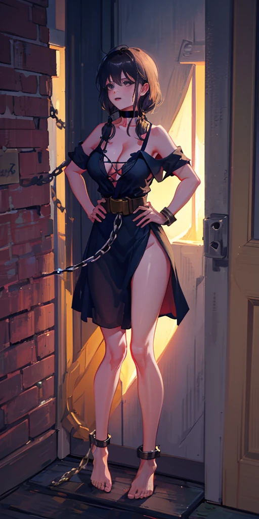 full body, barefoot, solo, female, big breast ,linen tunic, fantasy village, armor, Handcuffs on their hands, With a collar around the neck, hands on hips, slave, ((black choker, shackles on legs and arms))
