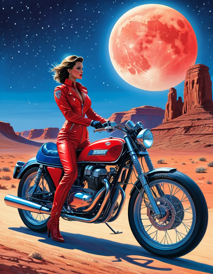 (masterpiece), (highest quality), (The finest details), (Overall view of the distant view), (Postage stamps),(Main color of illustration: Bright saturated red), (secondary color: lapis lazuli), A red cafe racer bike driven by a woman in a rebellious pose, very detailed chassis, Futuristic Western Landscape, night (Many Stars, moon), shading (detailed, Very contrasting), Very saturated pulp colors