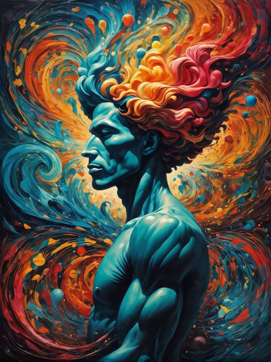 A vague abstract representation of a human being, with a surreal twist. The image is not meant to depict any specific person, but rather evoke a general sense of humanity. Elements could include a face, body, hands, or feet, but all in a highly stylized way. The background of the image should be a swirling mix of vivid colors that contrast with the figure, creating a surreal and dream-like atmosphere.