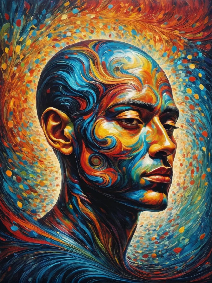 A vague abstract representation of a human being, with a surreal twist. The image is not meant to depict any specific person, but rather evoke a general sense of humanity. Elements could include a face, body, hands, or feet, but all in a highly stylized way. The background of the image should be a swirling mix of vivid colors that contrast with the figure, creating a surreal and dream-like atmosphere.