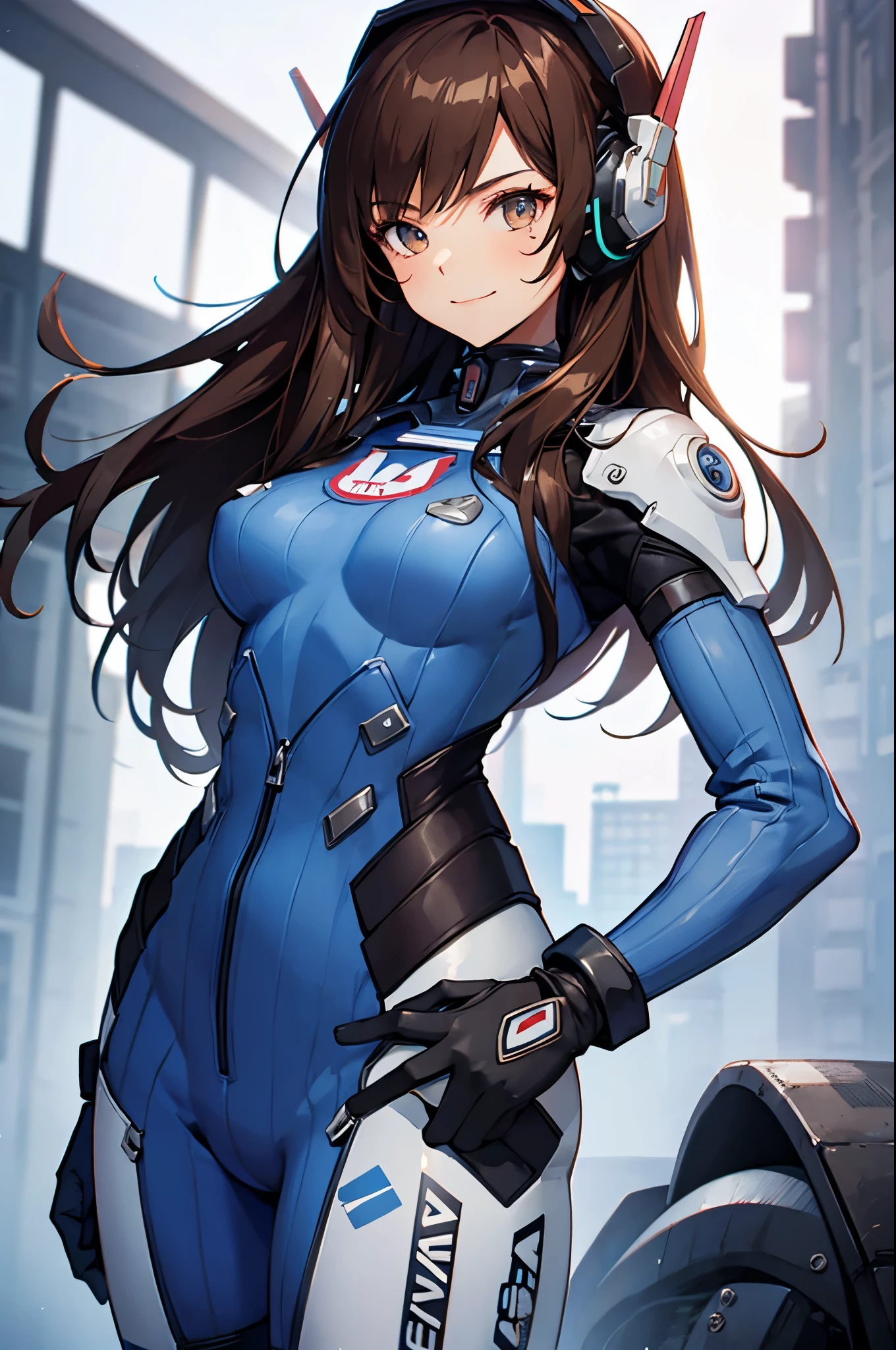 (masterpiece, best quality:1.2), expressive eyes, perfect face, highres, 1girl, solo, aahana, long hair, brown hair, headphones, whisker markings, shoulder pads, blue bodysuit, ribbed bodysuit, animal print, clothes writing, long sleeves, white gloves, smiling, standing, cowboy shot, looking at the viewer