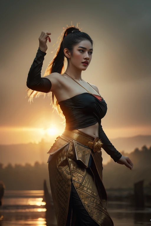 beautiful girl ,Thai Women&#39;s Warriors, walking at thai measure, dynamic poses, Thai Noi, long ponytail,black eyes,abdominal muscles, plump body, rounded chest, (big breast:1.3), rift, morning sun, staring at the audience, (dynamic poses), ((face details)), Double eyelids, finished, realistic, Masterpiece, Highest quality, lens flare, shade, old measure, measure, [[Chromatic aberration]], By Jeremy Lipking, By Antonio J.. Manzanedo, digital painting, HDR, high contrast
