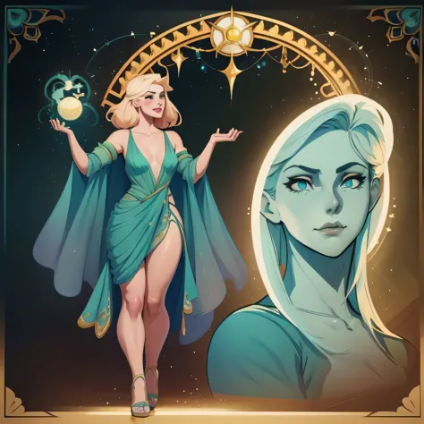 araffe in a green dress standing in front of a gold and blue wall, concept art inspired by Charlie Bowater, Artstation contest w...