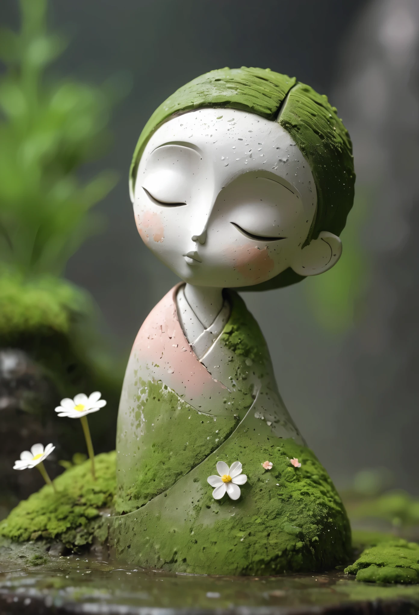 Abandoned clay sculpture，Minimalist Sculpture，3D， 1 Girl, Solitary,  blush,Rough surface，Surface pattern and texture，Surface scratches，grainy，Old，Broken。moss，rain，A small white flower,One