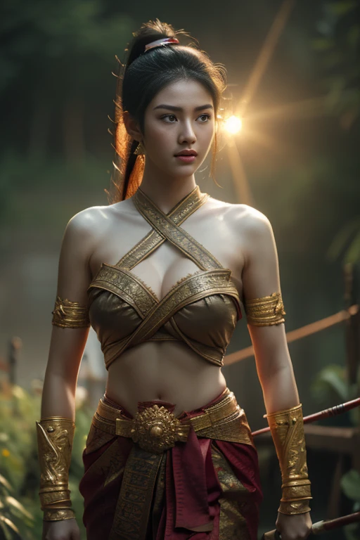 beautiful girl ,Thai women&#39;warrior, walking at thai measure, dynamic poses, Thai Noi, long ponytail,black eyes,abdominal muscles, plump body, rounded chest, (big breast:1.3), Hold the bow in hand and aim at the target. , rift, morning sun, staring at the audience, (dynamic poses), ((face details)), Double eyelids, that is finished, realistic, Masterpiece, Highest quality, lens flare, shade, old measure, measure, [[Chromatic aberration]], By Jeremy Lipking, By Antonio J... Manzanedo, digital painting, HDR, high contrast
