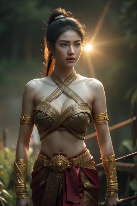 beautiful girl ,thai women&#39;warrior, walking at thai measure, dynamic poses, thai noi, long ponytail,black eyes,abdominal mus...