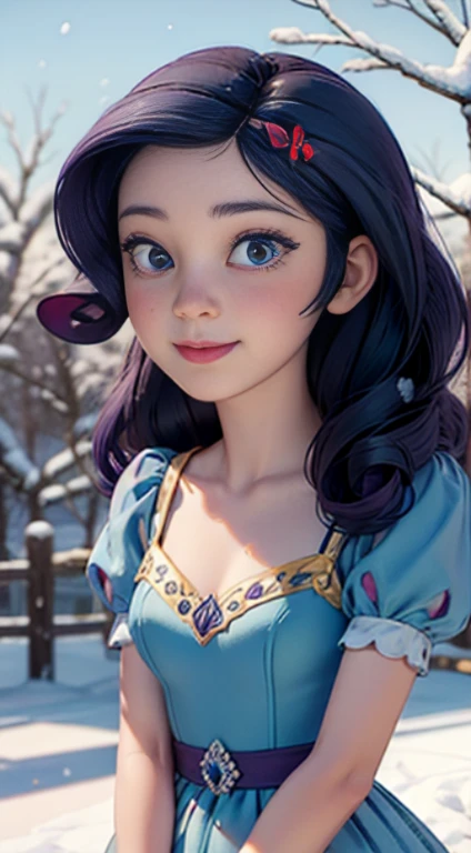 ((best quality)), ((highly detailed)), masterpiece, (detailed eyes, deep eyes), (1girl), dynamic angle, cowboy shot, mlprarity, woman, smile, looking at viewer, ((bright purple hair)), ((blue eyes)), (((wearing a snow white dress))), elegant pose, cleavage, (outdoors, forest)